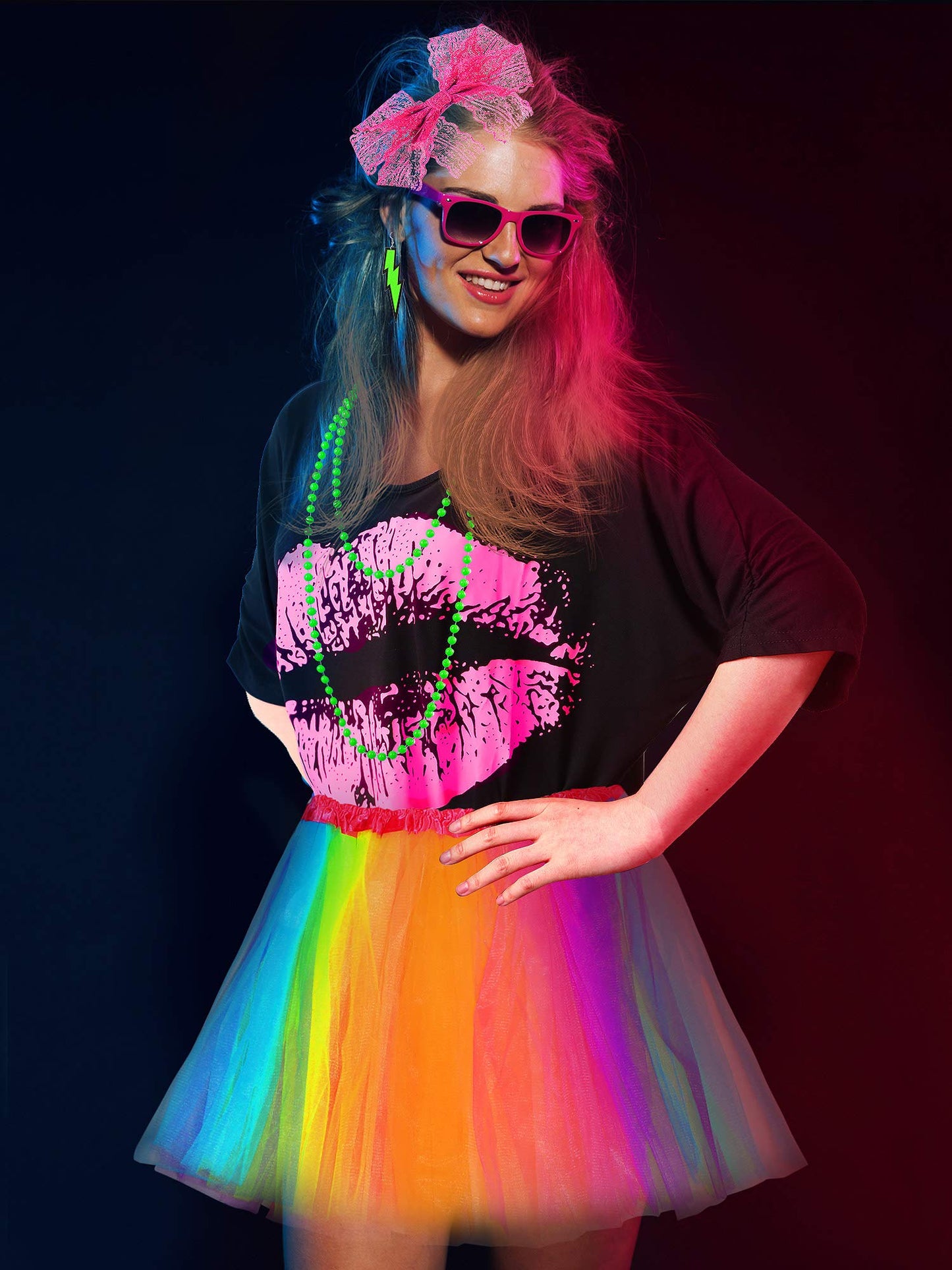 Women's 80s Outfit Costume with Accessories T-Shirt Tutu Skirt for Halloween Theme Party(Rainbow,XS)
