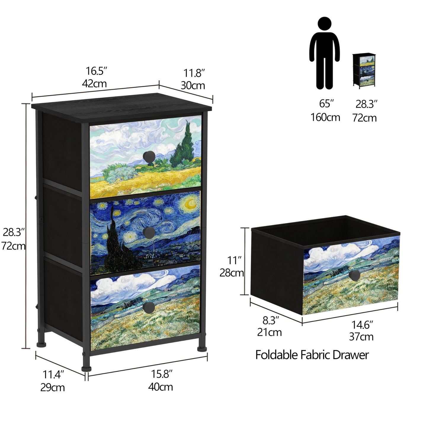 Welfuturer Dresser with 3 Drawers Van Gogh Drawer Dresser for Bedroom Narrow Nightstand Small Dressers & Chests of Drawers for Halfway Entryway Closets Living Room Sturdy Steel Frame Wood Top