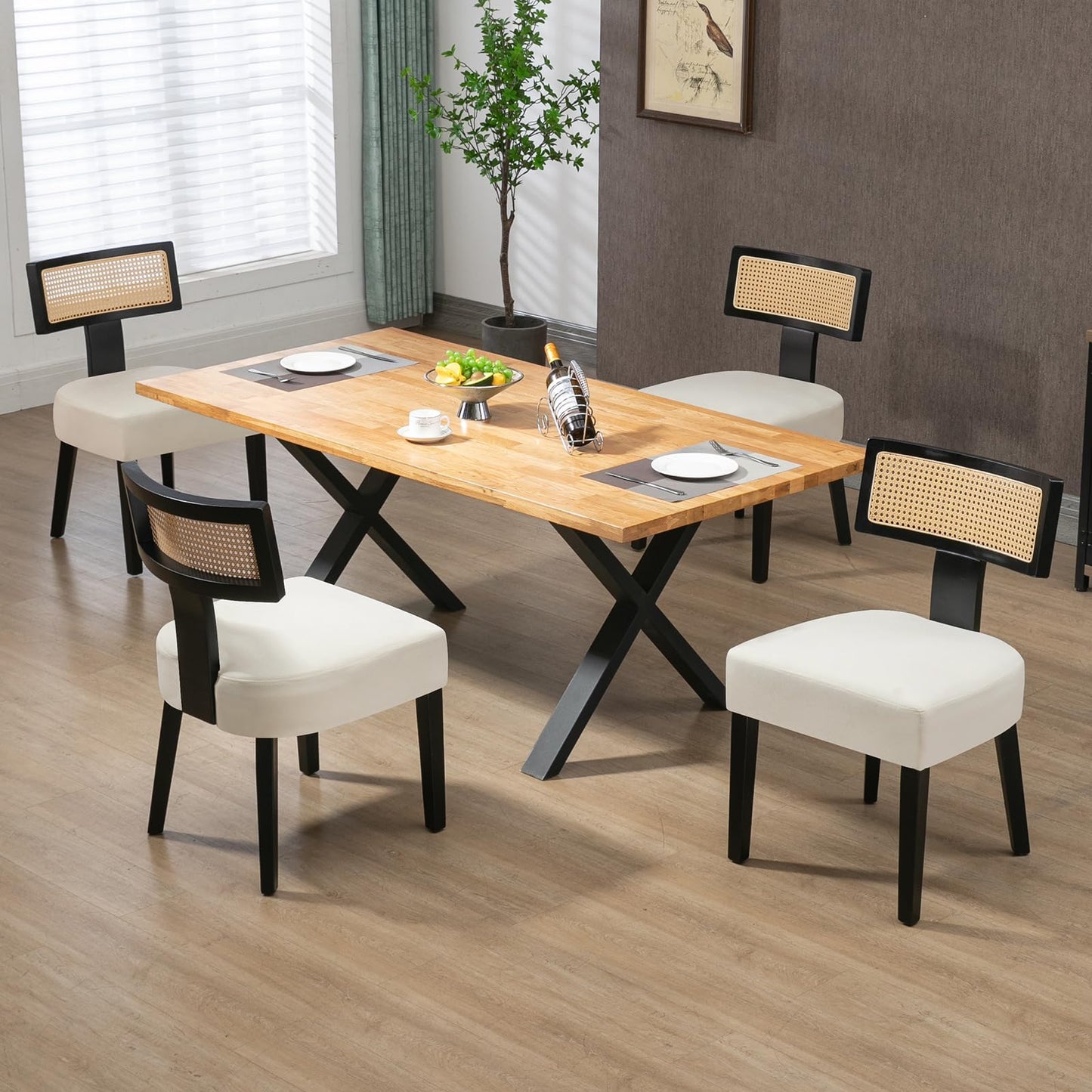WQSLHX Rattan Dining Room Chairs Set of 4, Mid-Century Modern Kitchen Chair with Cane Back & Wood Frame in Black Finish, Beige Linen Upholstered