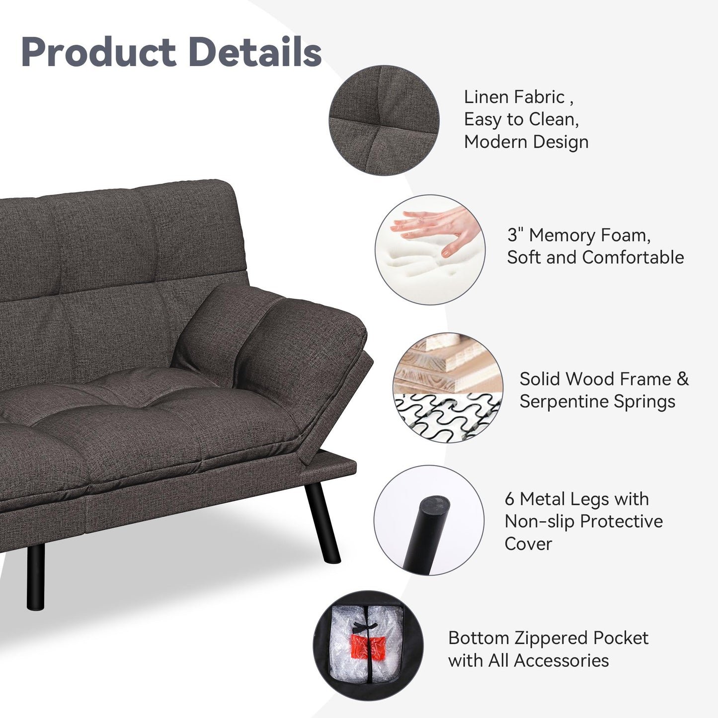 Vyfipt Convertible Futon Sofa Bed, 71" Memory Foam Futon Couch with Detachable,Adjustable Backrest,Linen Fabric Folding Small Loveseat Sleeper for for Living Room,RV,Office,Apartment,Dark Grey