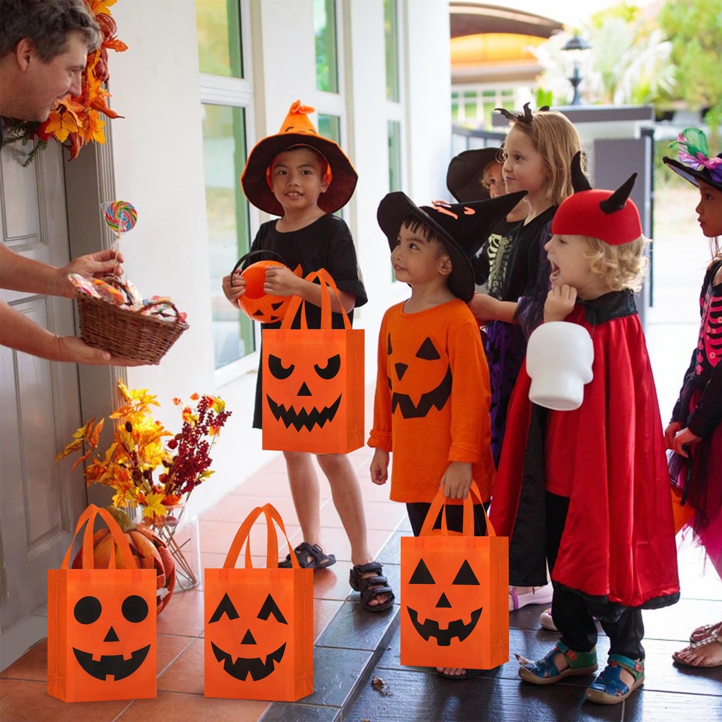 16 PCS Halloween Trick or Treat Bags 10.2 x 8.26 Inch Non-Woven Pumpkin Candy Tote Bag with Handles Reusable Pumpkin Candy Goodie Bags Halloween Party Gift Bag for Halloweens Party Gifts Wrapping Supplies