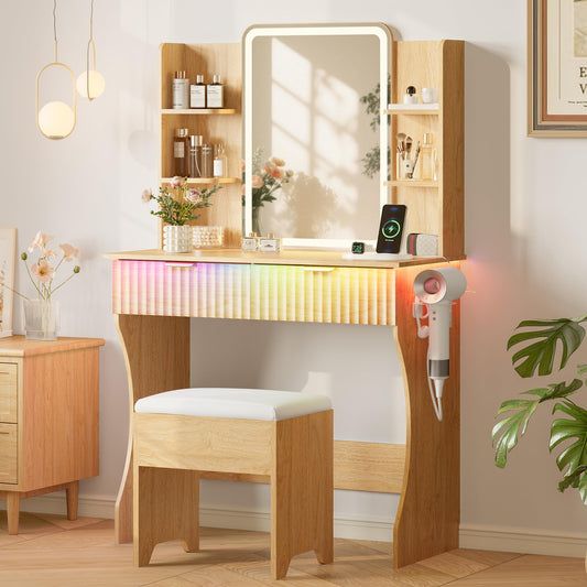 Wood Makeup Vanity Desk with Mirror and Lights, Fluted Vanity Table Set with Power Outlet, Dressing Table with 2 Drawer & 4 Storage Shelves, Adjustable RGB Lighting, Includes Chair for Girl’s Bedroom