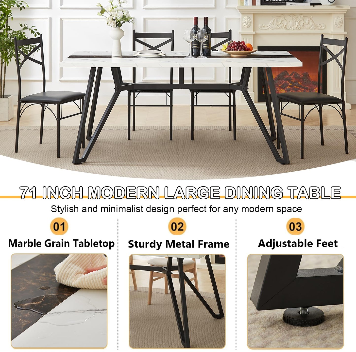71 Inch Dining Table for 4 6 8, Modern Rectangular Wood Kitchen Table, Marble Grain Dining Room Table for 8 People, 6ft Large Dinner Tables with Adjustable Legs,Home Kitchen Furniture