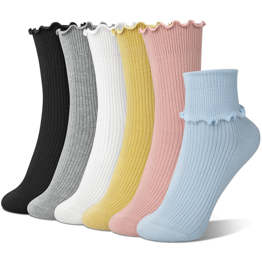 6 Pairs Cute Ruffle Socks Women, Womens Crew Frilly Turn-Cuff Dress Soft Breathable Novelty Colorful Girls Ankle Socks 5-10