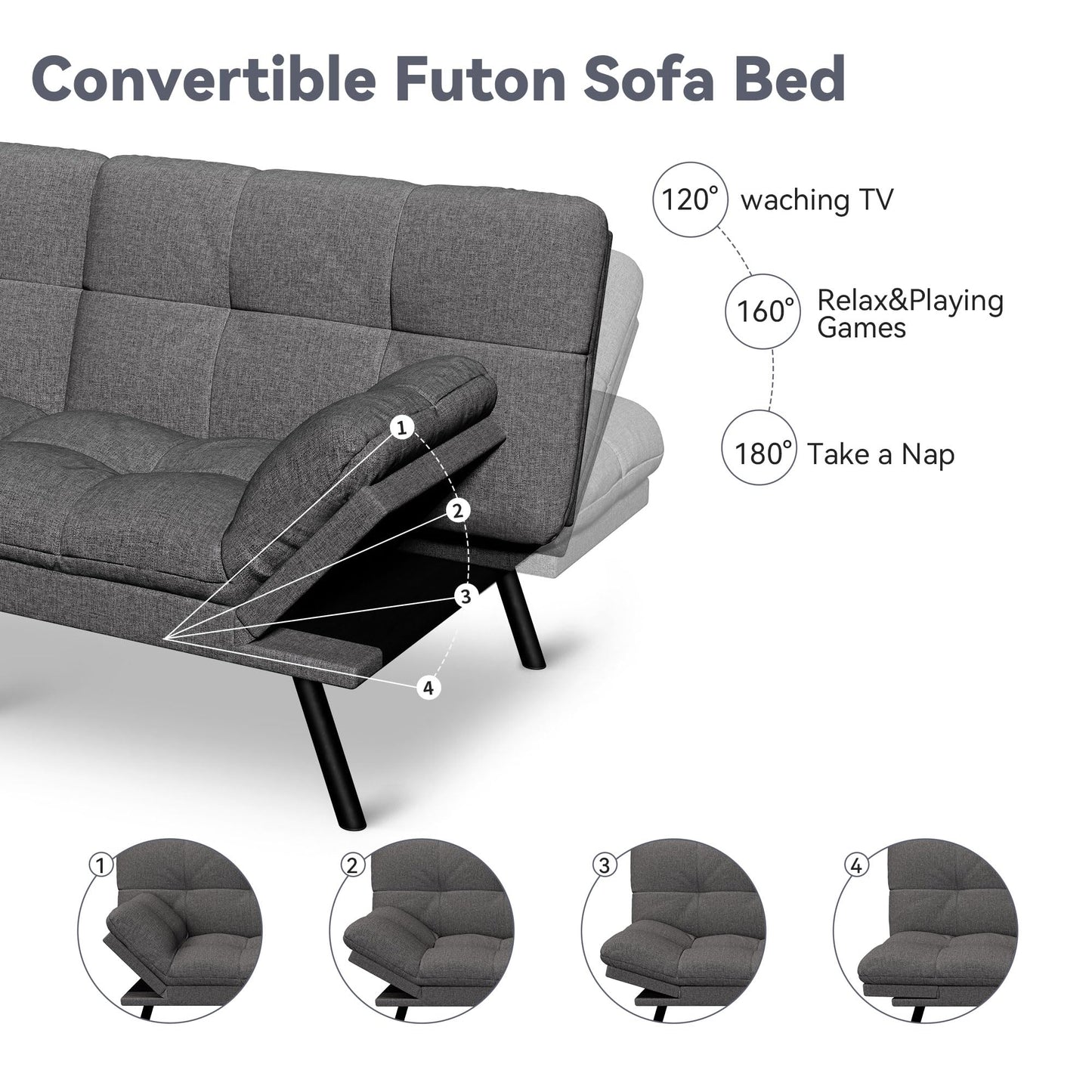 Vyfipt Convertible Futon Sofa Bed, 71" Memory Foam Futon Couch with Detachable,Adjustable Backrest,Linen Fabric Folding Small Loveseat Sleeper for for Living Room,RV,Office,Apartment,Light Grey