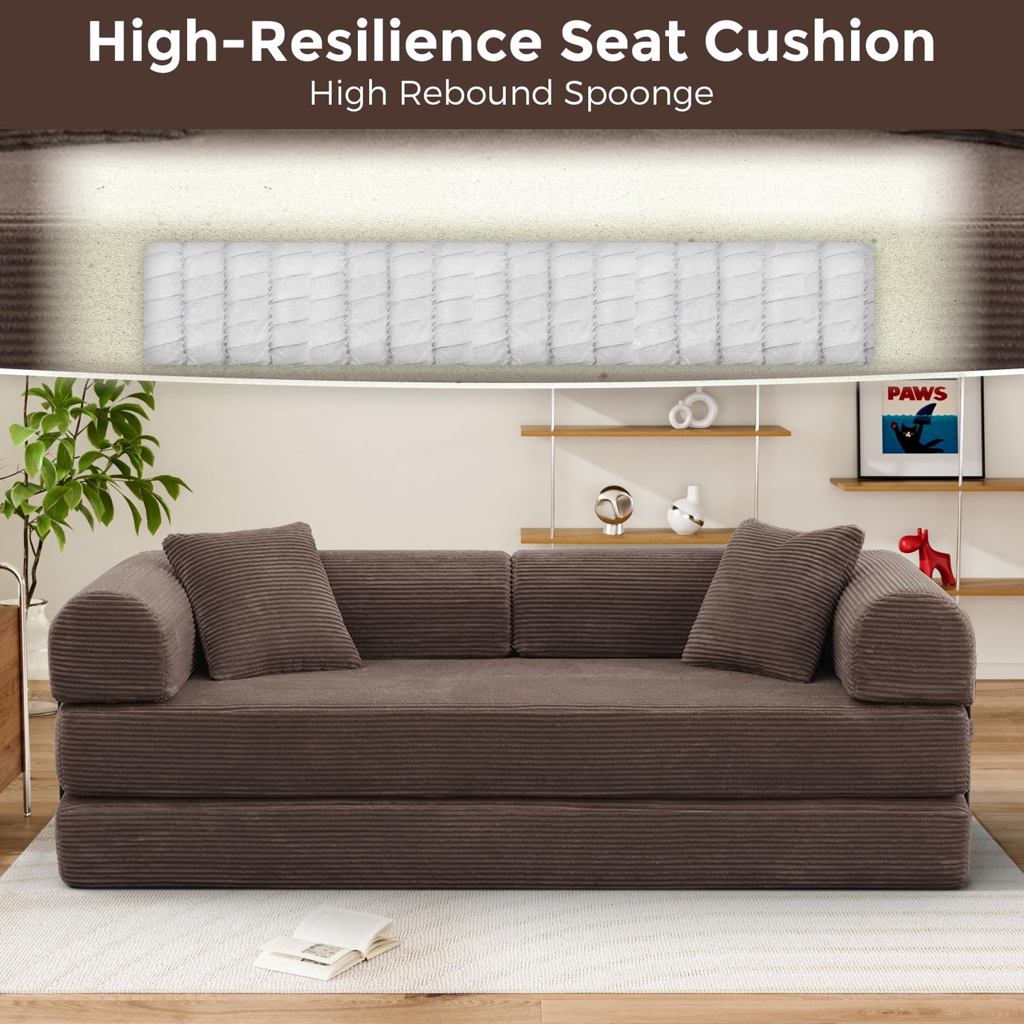 VYNELITO Comfy Convertible Sleeper Floor Sofa Bed, Corduroy Folding Mattress Couch with Fixed-Shape Frame, Floor Sofa with Armrest, Lounge Couch for Living Room Bedroom Lounge Studio,Brown