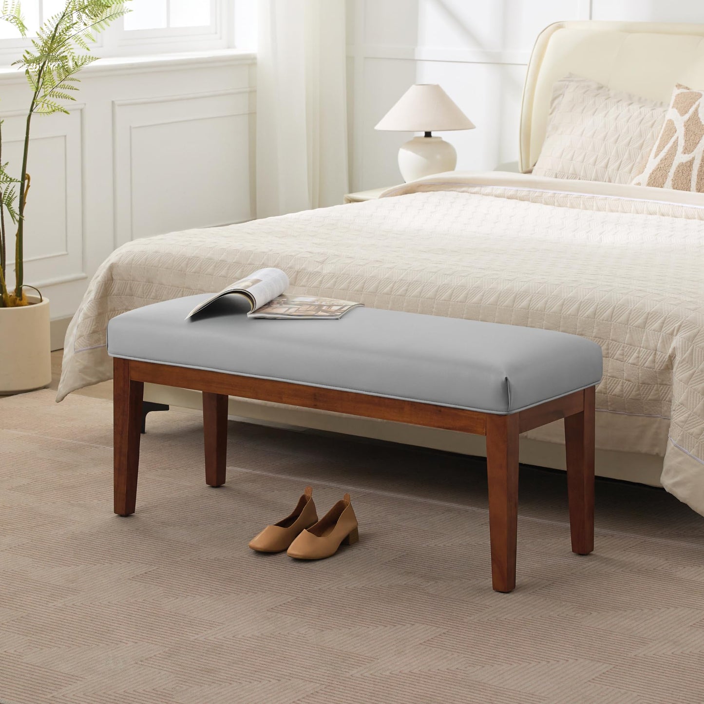 43.5'' Faux Leather Bedroom Bench, Upholstered End of Bed Bench, Padded Vintage Dining Bench, Entryway Bench with Solid Wood Legs, Kitchen, Living Room, Hallway, Grey