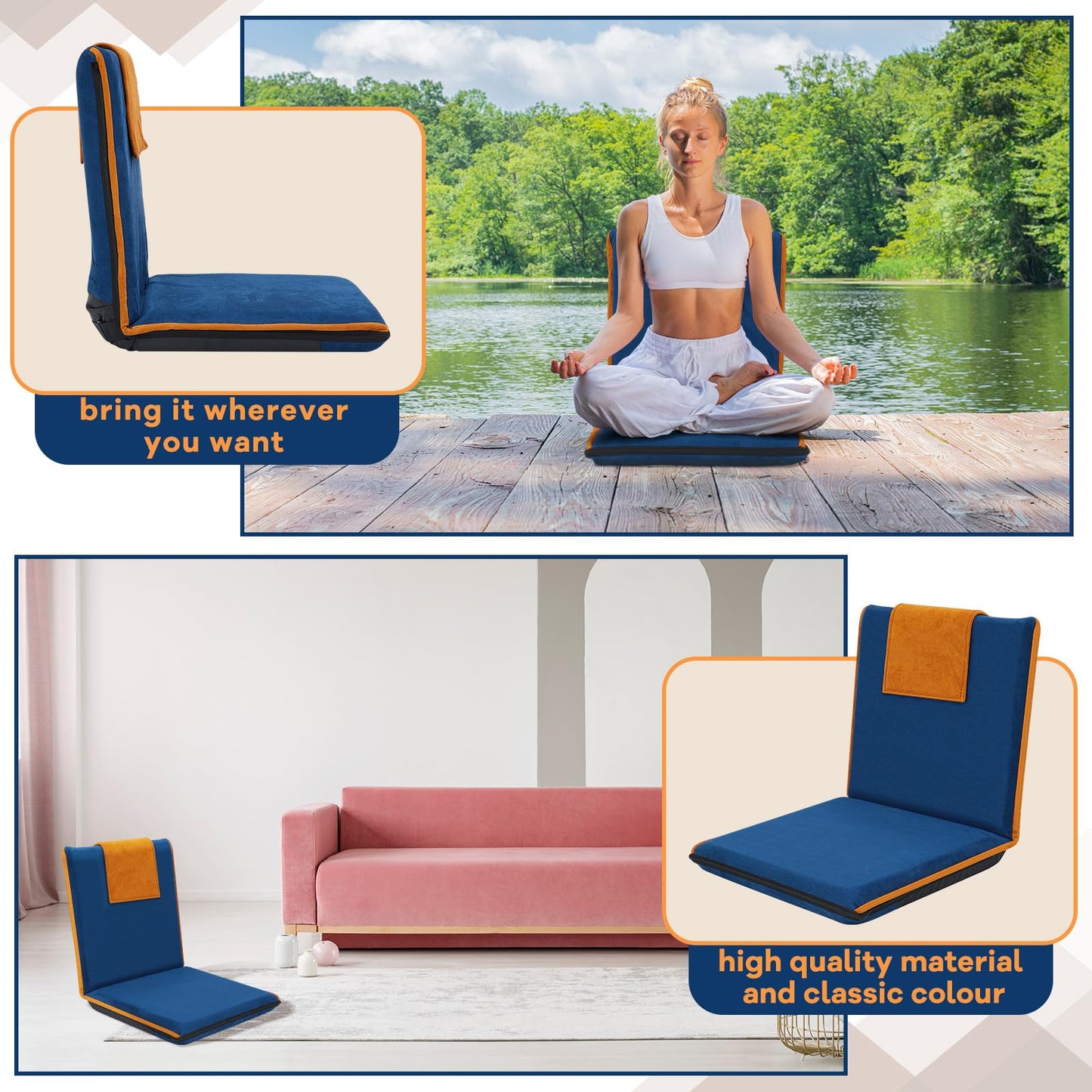 2 Pcs Floor Chair with Back Support Padded Floor Seating Portable Floor Seat Meditation Cushion Adjustable Fully Folding Backrest for Adult Kid Gaming Linen Washable Cover, Nylon Bottom (Blue, Khaki)