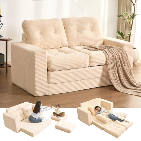Afuson 61" Convertible Sofa Bed, Pull Out Loveseat Sleeper Sofa, 3 in 1 Folding Futon Bed, Fold Out Floor Bed Sofa with Pillows for Living Room Bedroom Lounge Guest Room, Corduroy, Beige