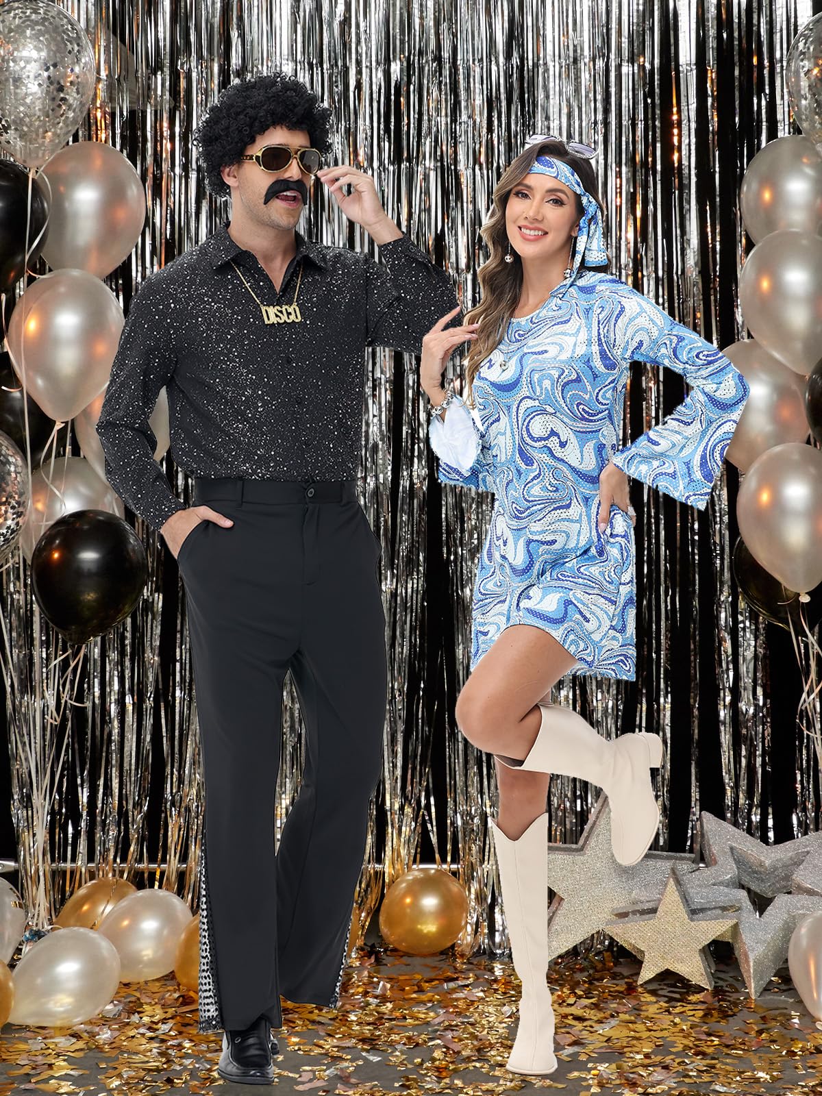 70s Outfits for Men, 7Pcs Mens Disco Costume Retro Shirt Bell Bottom Pants Wig Sunglasses Necklace Wig Cap for Disco Party