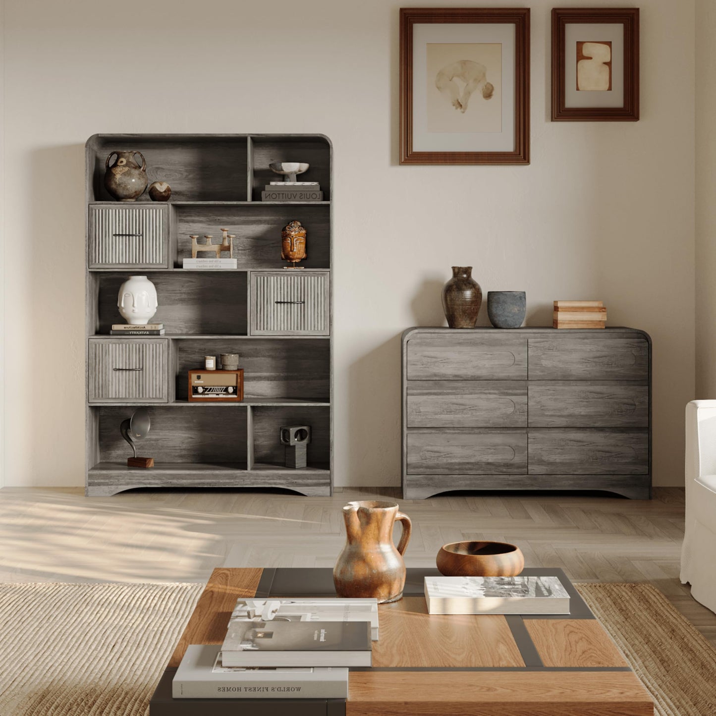70" Book Shelf and Bookcase, Tall Bookshelf with Drawers, 48" Wide Modern 5 Tier Bookcase with 3 Bins Storage, Large Wood Display Cabinet with Adjustable Bin Storage for Living Room, Home Office, Grey