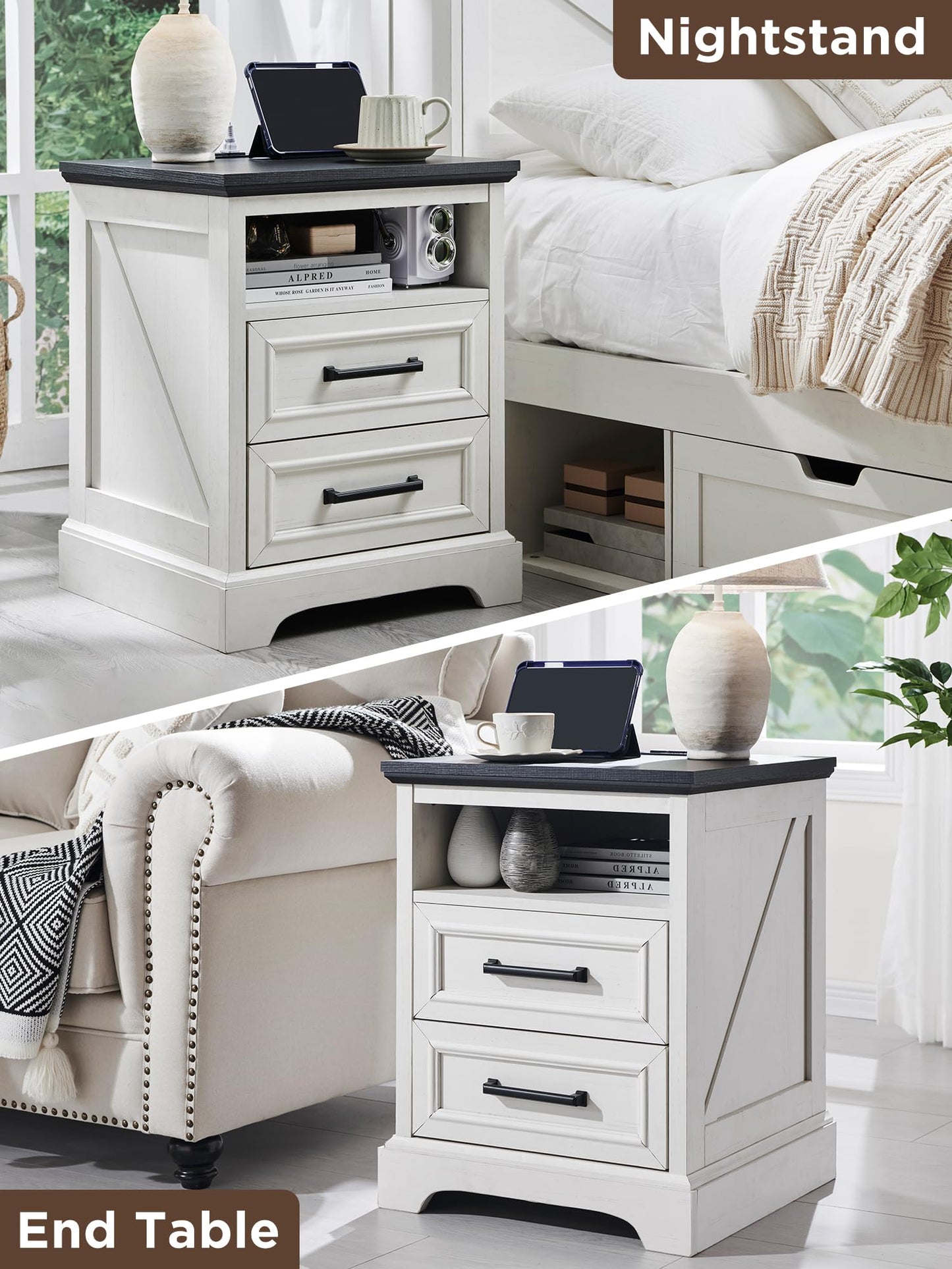 ACCOHOHO 18" Farmhouse Nightstand with Charging Station,End Table with 2 Drawers Storage,Side Table,Bedside Cabinet for Bedroom,Living Room,White