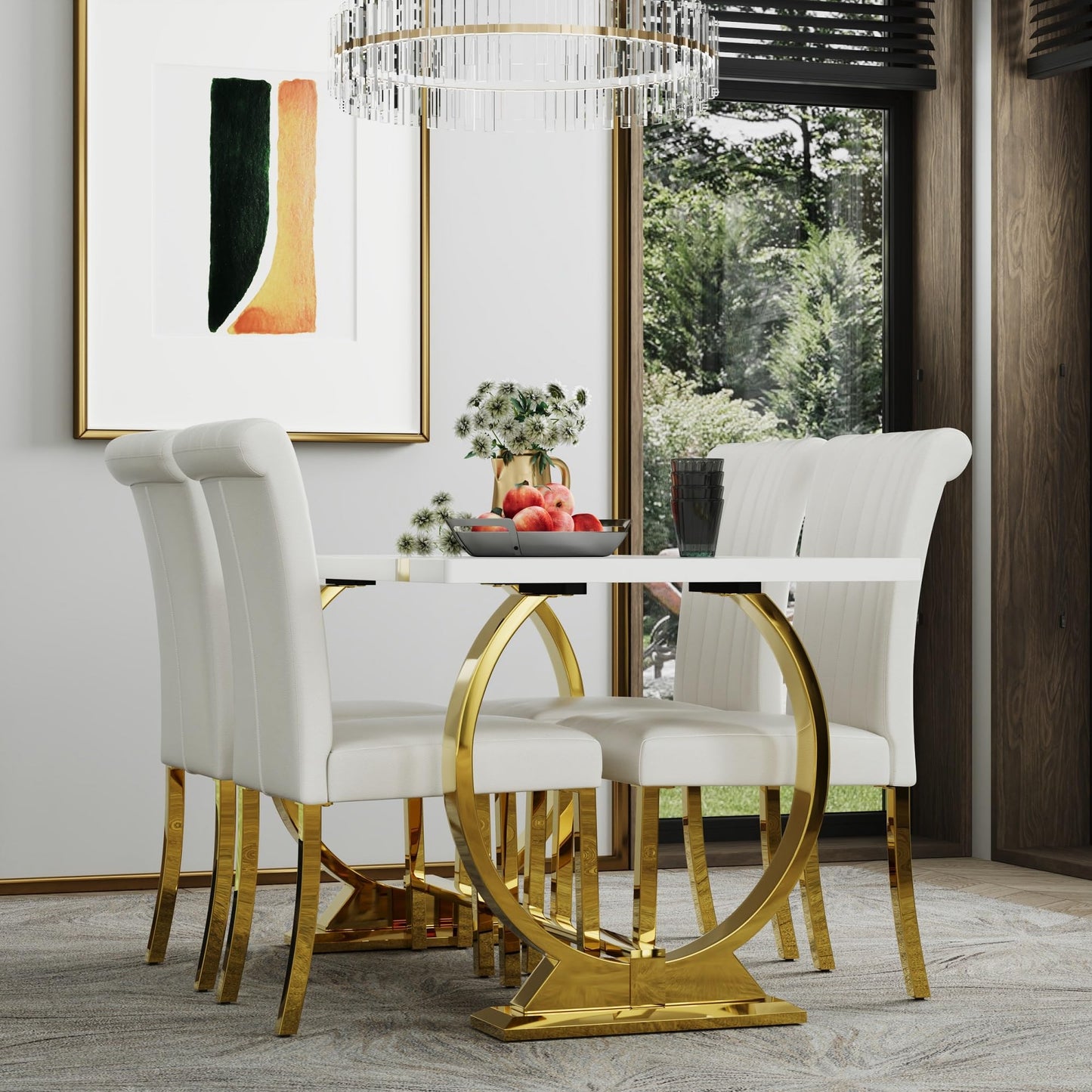 ACEDÉCOR 60" White and Gold Dining Table, Modern Luxury Kitchen Room Table with Rectangular Gloss Lacquer Top and Gold Stainless Steel U-Shaped Base