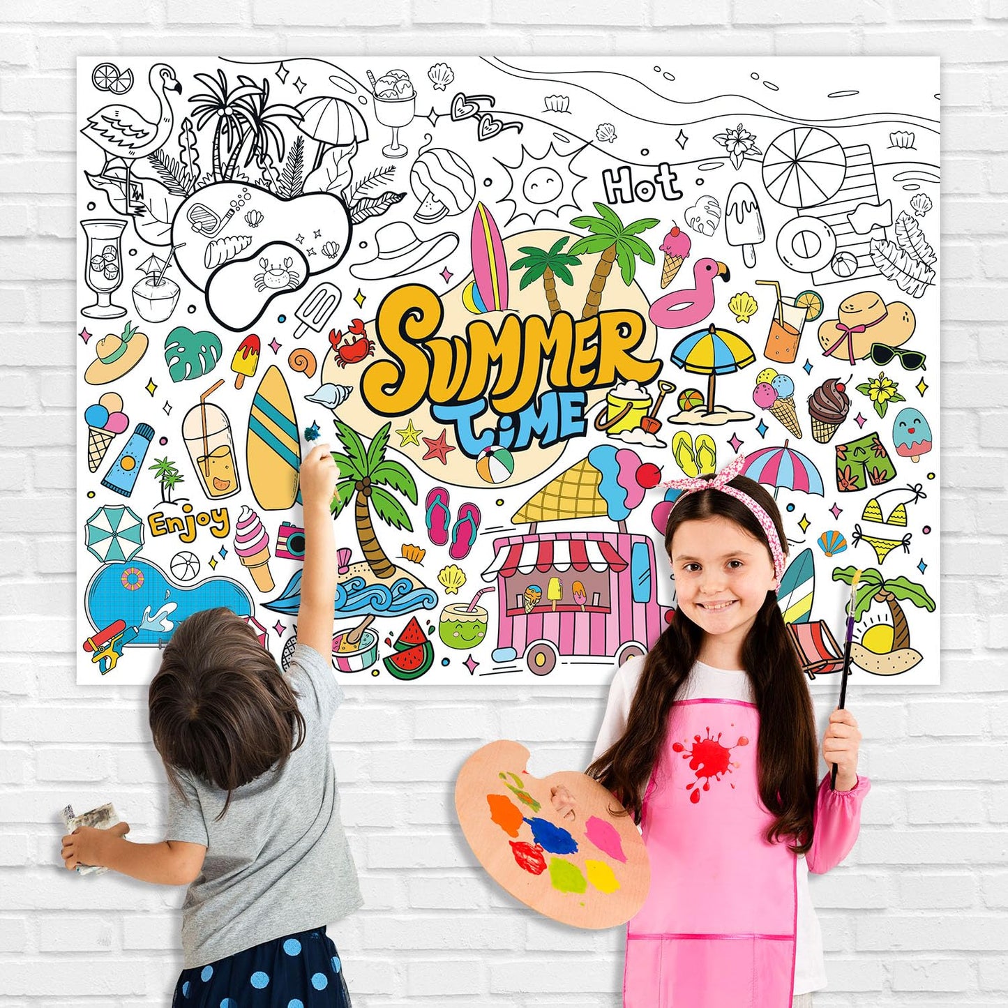 43.3x31.5" Summer Coloring Poster with Picture, Giant Summer Time Painting Poster, Large Coloring Tablecloth for Classroom Home Birthday Party Supplies Favor