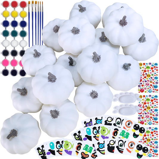Winlyn 16 Sets 3" DIY Fall Pumpkin Painting Kits Paint Your Own Pumpkins White Foam Craft Pumpkins with Jack-O-Lantern Face Stickers for Classroom Thanksgiving Halloween Decor Holiday Party Activities