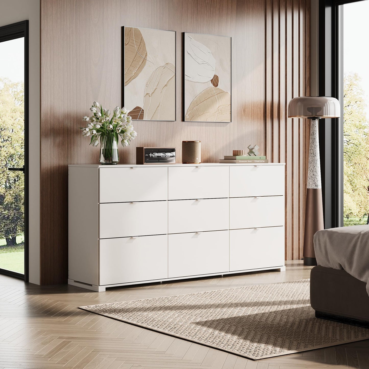 WLIVE 9 White Drawer Dressers, Modern Large Wood Dresser Chest for Bedroom Organize with Sturdy Metal Handle, TV Stand for 75 inch TV, Living Room Office, Hallway, Ball Bearing Slide (63" W)