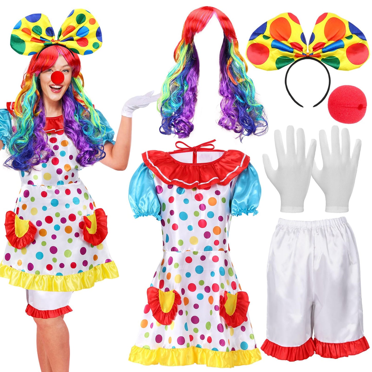 6 Pcs Clown Costume Set Women Circus Dress Rainbow Clown Wig Headband Nose Shorts Gloves for Halloween cosplay(Medium)