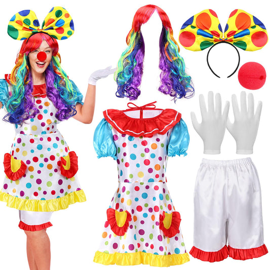 6 Pcs Clown Costume Set Women Circus Dress Rainbow Clown Wig Headband Nose Shorts Gloves for Halloween cosplay(Medium)