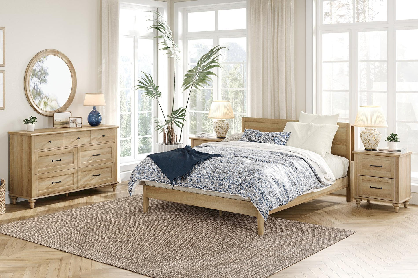 WAMPAT 3 Piece Bedroom Set - Includes 7 Drawer Dresser for Bedroom, Set of 2 Night Stands with Charging Station & Drawers, 3 Piece Dresser and Nightstand Sets, Oak