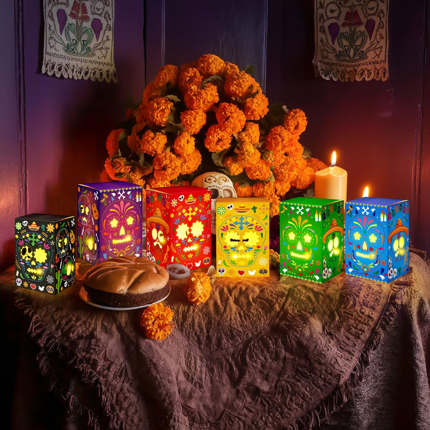 36PCS Day of The Dead Decorations Sugar Skull Candles Holders Boxes Dia De Los Muertos Altar Ofrenda Decorative Paper Box Decor, 6 Styles