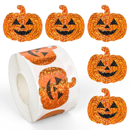 Whaline Halloween Pumpkin Stickers Roll Laser Pumpkin Shape Waterproof Decals Orange Sparkly Self-Adhesive Stickers for Halloween Party Envelope Scrapbook Decor, 500Pcs