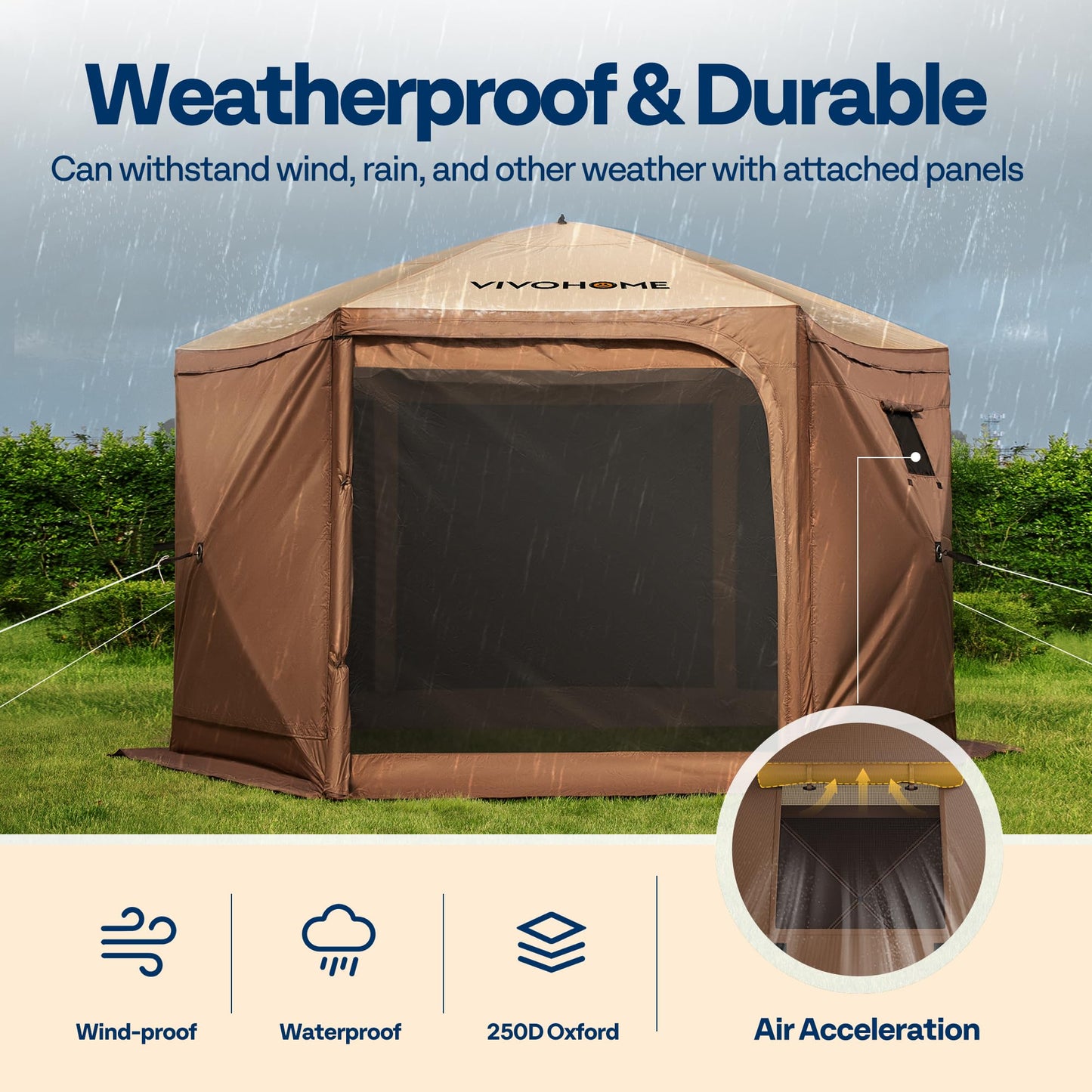 VIVOHOME 12x12ft Pop-Up Gazebo Screen Tent, 6-Sided Instant Outdoor Canopy Shelter with Large Main Door, Wind Panels, and Screens for Outdoor Parties, Camping, Lawn and Backyard