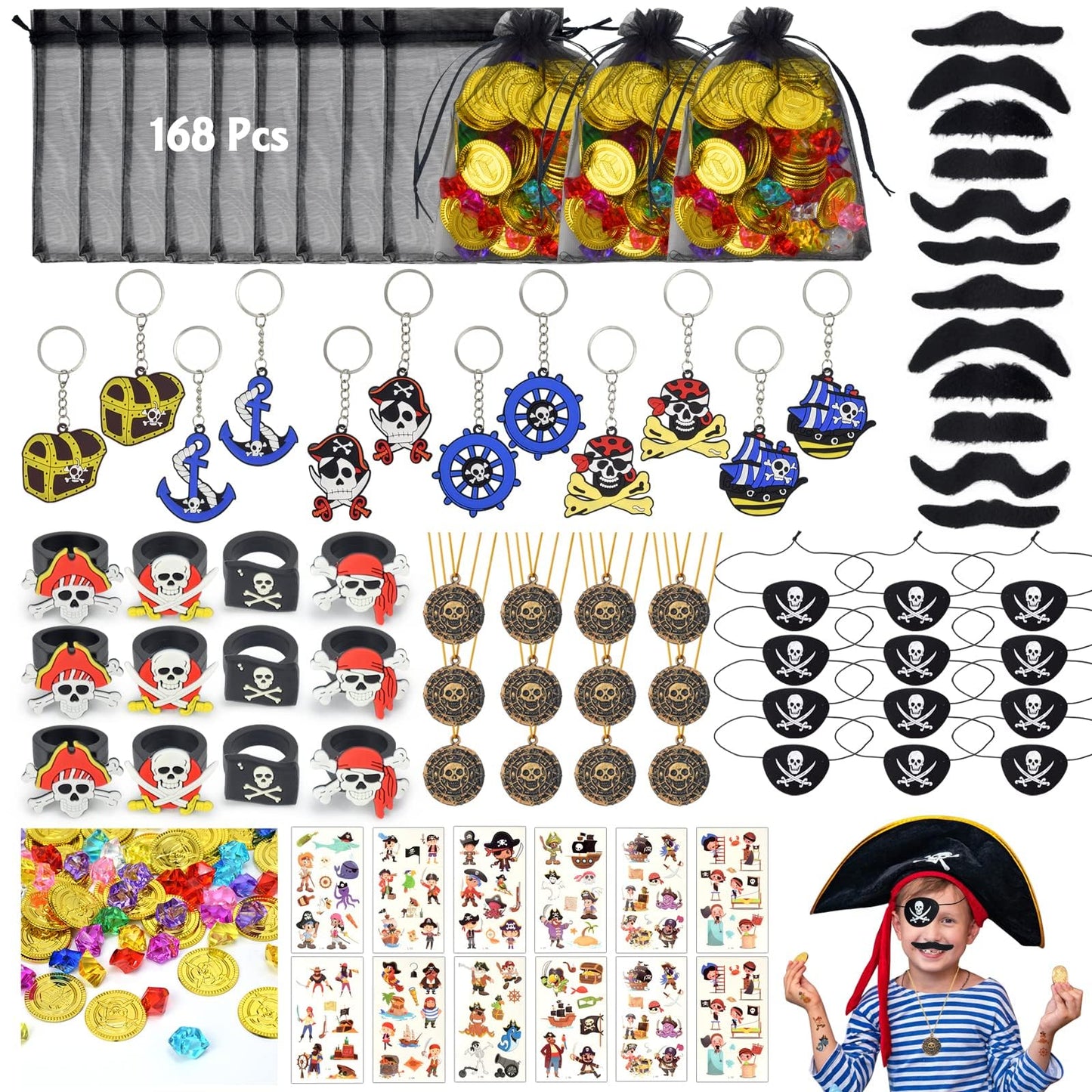 168Pcs Pirate Party Favors Supplies, Pirate Birthday Party Decorations, Pirate Gift Bags with Pirate Eye Patch Mustache Gold Coins Gems Tattoos for Kids Boys Pirate Birthday Party Goodie Bag Fillers