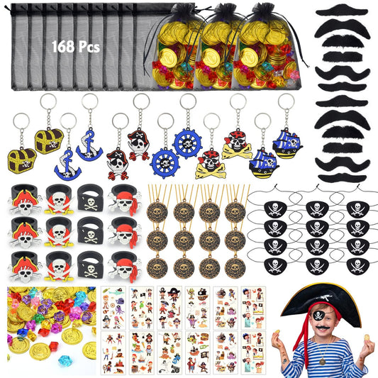 168Pcs Pirate Party Favors Supplies, Pirate Birthday Party Decorations, Pirate Gift Bags with Pirate Eye Patch Mustache Gold Coins Gems Tattoos for Kids Boys Pirate Birthday Party Goodie Bag Fillers