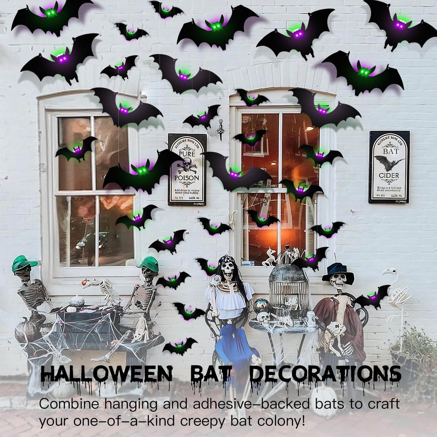 24 Pack Light-Up Halloween Bats Decorations Removable Hanging PVC Bats w Lights for Halloween Party Indoor Outdoor Home Window Garage