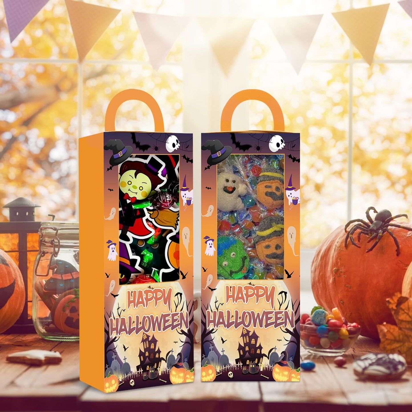 12PCS Halloween Party Favor Boxes Trick or Treat Gift Candy Boxes Happy Halloween Goodie Bag for Birthday Party Decor Supplies (4.8 x 4.8 x 9.5 in)