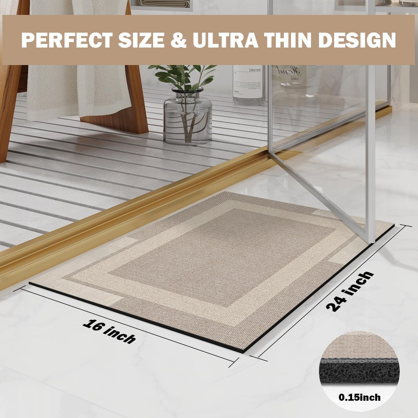 YDKGL Non Slip Thin Bath Mat Bathroom Rugs, Rubber Backing Ultra Thin Bathroom Rug Fit Under Door, Quick Dry Super Absorbent Washable Shower Bath Mats for Bathtub Side Floor, Easy Care Beige 16"x 24"