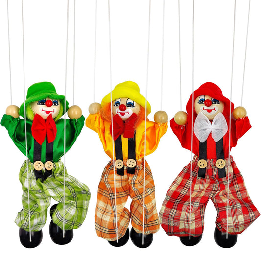 3Pack Wooden Marionette Puppets Clown Pull String Puppets Movable Hands and Feet,Include 6 Colors Clown Doll Interactive Toy for Birthday Theater Pretend Play Puppetry Party (3)