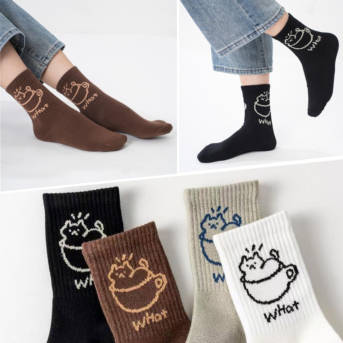 WaziHou Women Crew Socks, 4 Pairs Cute Tea-Cup Cat Novelty Cotton Socks, Stylish Women's Casual Comfort Ankle Socks, Size 5-10