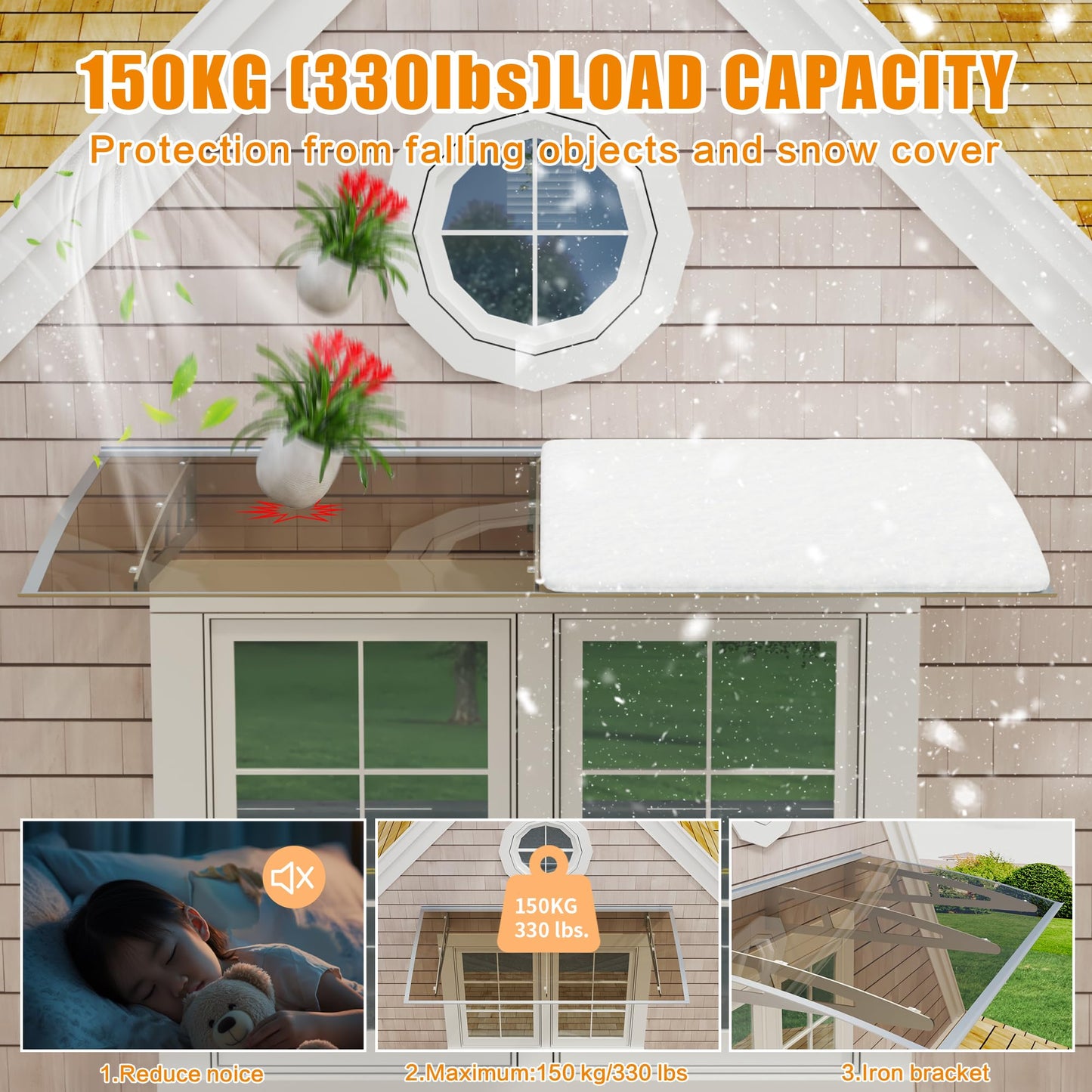 Window Awning Door Canopy,32x48 Inches Awnings for Doors Exterior with Sink,Polycarbonate Front Door Outdoor Patio Awning Canopy UV Rain Snow Sunlight, Window Awning with Sturdy Metal Bracket