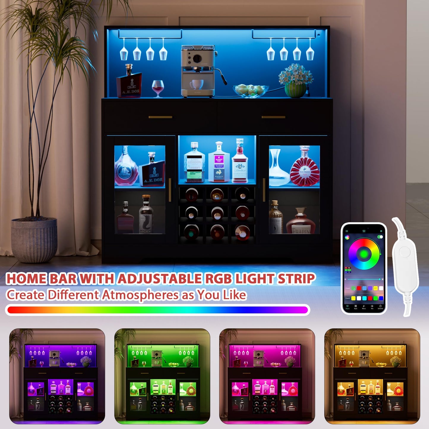 Wine Bar Cabinet with LED Light, Kitchen Coffee Bar Cabinet with Power Outlet, Home Liquor Cabinets with Glass Holder and Wine Racks, Modern Buffet Sideboard with Storage for Living Room, Kitchen