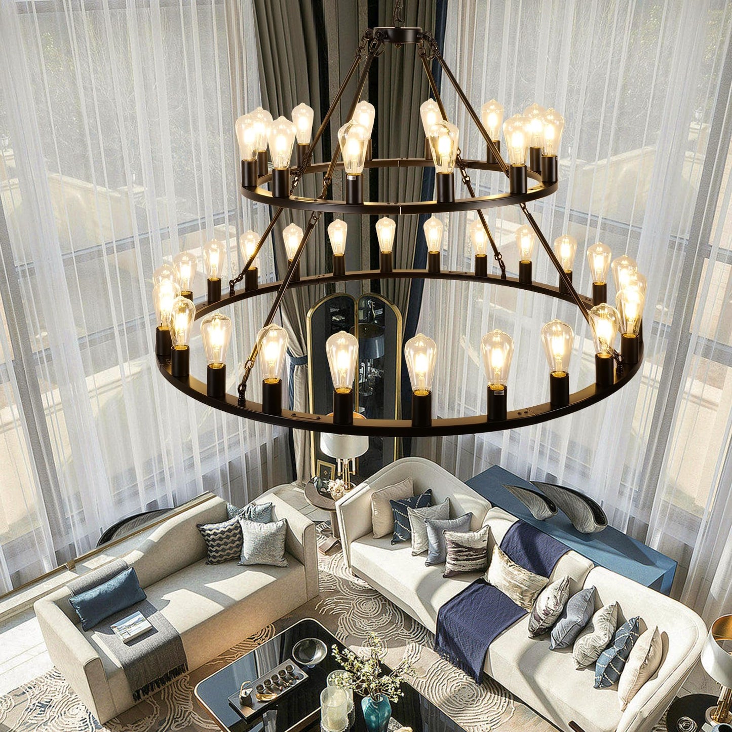 WOGON WEEL Wagon Wheel Chandelier 2 Tier 48-Inch 36-Light, Farmhouse Industrial Chandelier Black Rustic Pendant Light Fixture Extra Large for High Ceilings, Living Room Foyer