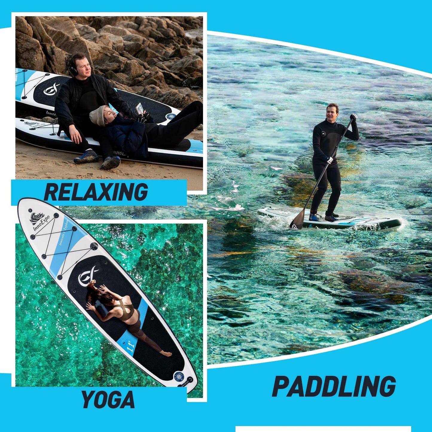 InnoExpo Inflatable Stand Up Paddle Boards with Premium Accessories, Wide Stable SUP Paddle Board Design, Non-Slip Comfort Deck for Youth & Adults (Black, 10'6x32''x6'')
