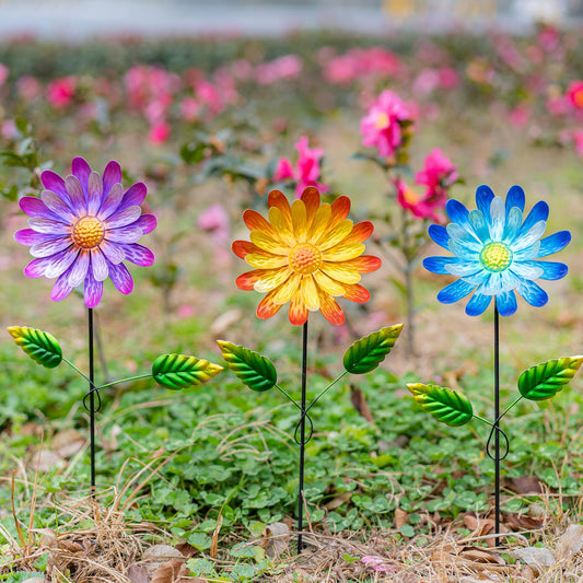 Voltogar Metal Flower Garden Stake for Outside, 3 Pcs 16" H Outdoor Garden Stakes Decor, Yard Outdoor Ornaments for Patio, Lawn, Patio(Yellow & Purple & Blue)