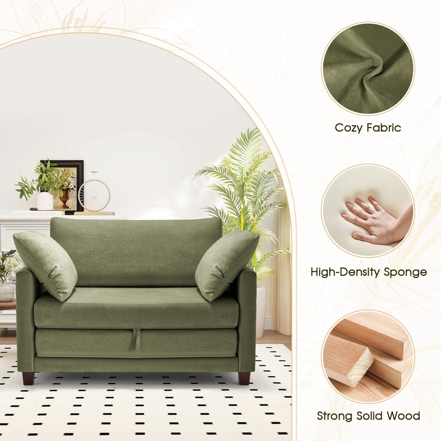51" Convertible Loveseat Sofa Bed, 2 in1 Folding Sofa Bed, Loveseat Sleeper Sofa for Small Spaces, Fold Out Floor Couch with 2 Pillows for Apartment, Living Room & Guest Room, Green Chenille Fabric