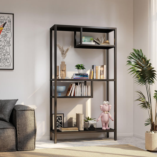 4 Tier Book Shelf, Modular Wide Bookshelves with Storage, Adjustable Industrial Metal Bookcase, Asymmetrical Geometric Shelf for Living Room, Bedroom, Office, 33.5" W*13.8" D*70.8" H, Black