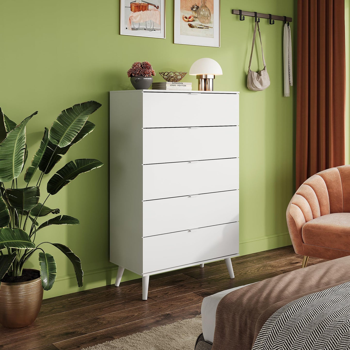 WLIVE 5 Drawer Dresser for Bedroom, Tall Wood Dresser, White Dressers Storage Organizer with Sturdy Metal Handle, Chest of Drawers for Living Room, Hallway, Closet