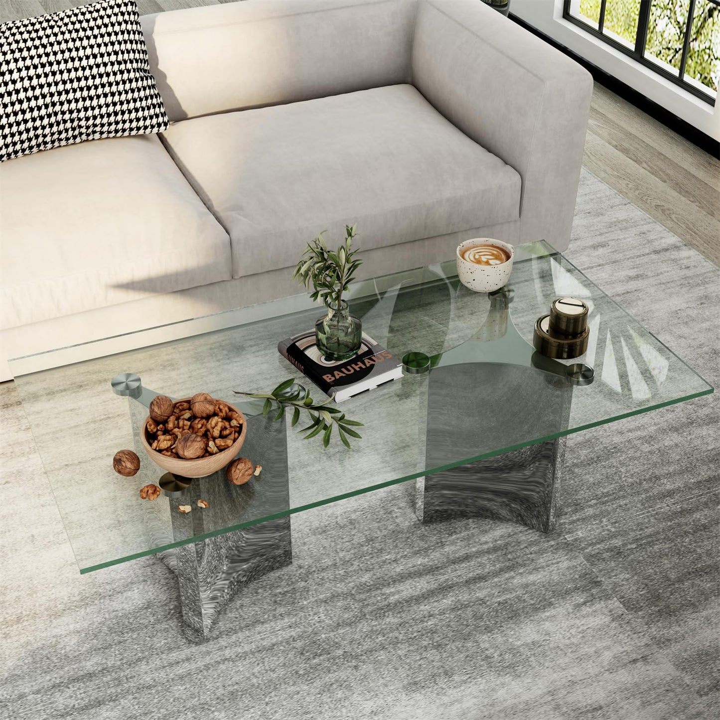 3-Piece Coffee Table Set, Modern Coffee Table & 2 End Table, Living Room Tables with Tempered Glass Top and Silver Mirrored Stainless Steel Geometric Base