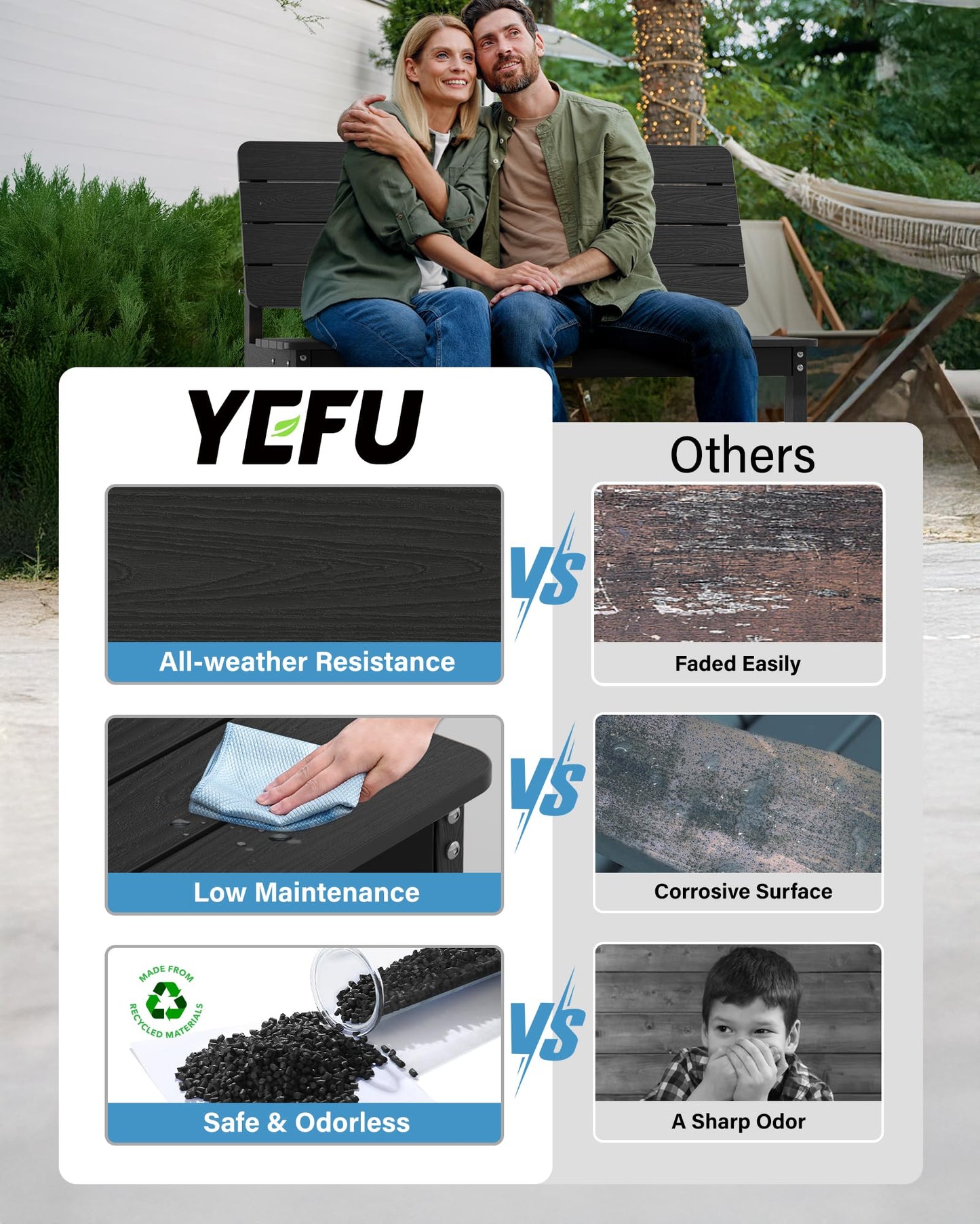 YEFU Convertible Bench Picnic Table: HIPS Convert a Bench with Umbrella Hole - Foldable Space-Saving Picnic Outdoor Benches for Outside Patio Porch Backyard Park Garden Black
