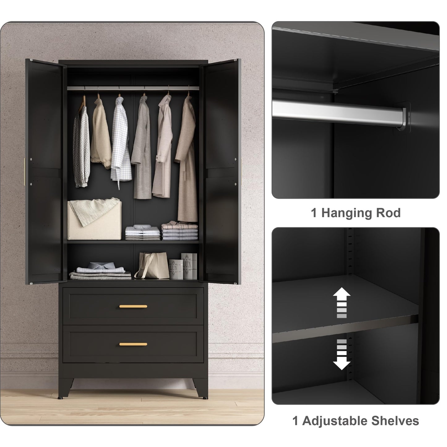 Washsemba 71'' Farmhouse Metal Wardrobe Cabinet with Hanging Rod, 2 Barn Door Wardrobe Closet with Adjustable Shelves,2 Drawer,for Dining Room,Bedroom,Living Room, Cloak Room,Office (Black)