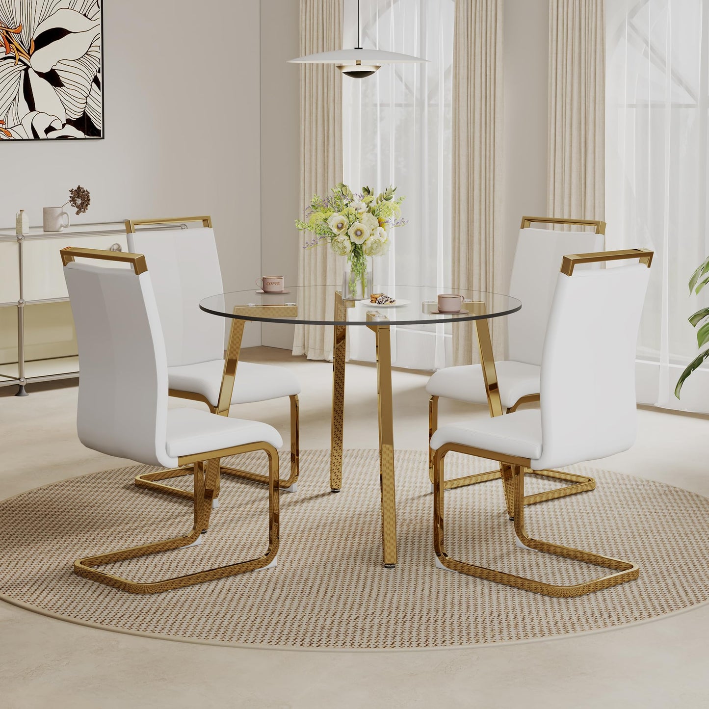 42”Round Dining Table Set for 4,Tempered Glass Table Top with 4 Luxury Golden Metal Legs,Small Kitchen Room Table with 4 Grey Armless Chairs,Space-Saving Breakfast Nook Table Set for 4,Dinette