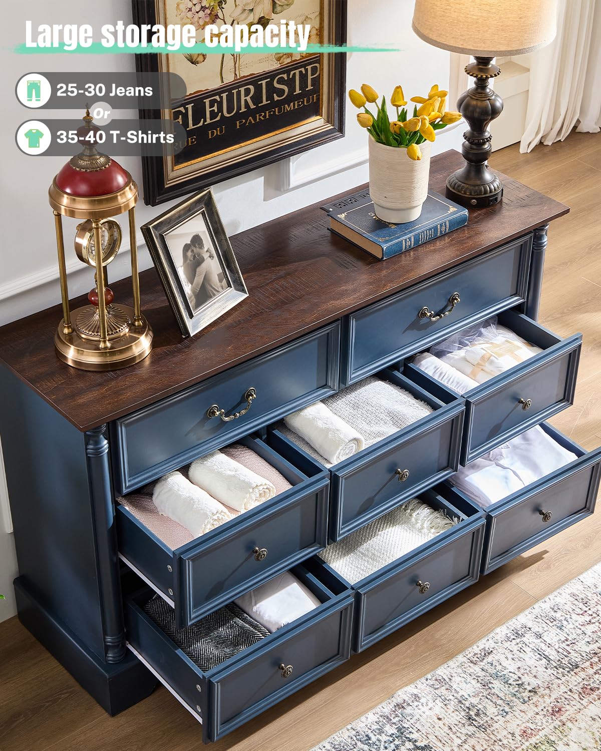 8 Drawers Dresser, 54" Wide Farmhouse Chest of Drawers with Charging Station, Refined Blue Finish Design, Modern Storage Dressers Organizer TV Stand for Bedroom, Living Room, Hallway, Indigo Blue