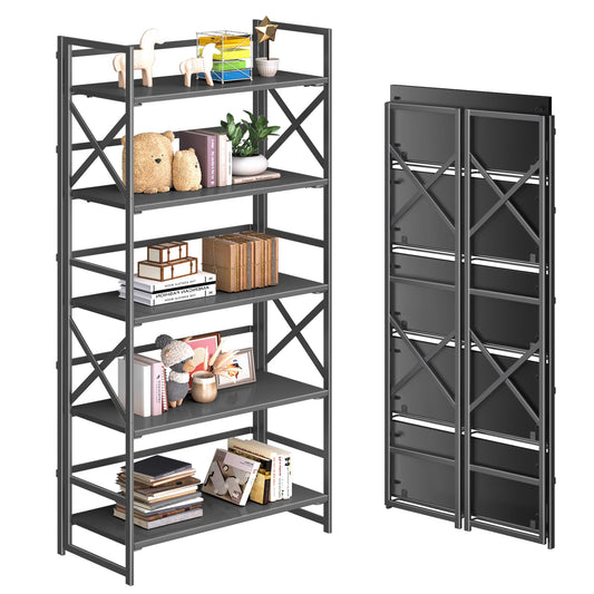 4NM 5 Tiers No Assembly Book Shelves, Black Folding Bookshelf Bookcase Open Industrial Foldable Shelves for Bedroom, Living Room, Home Office - All Black