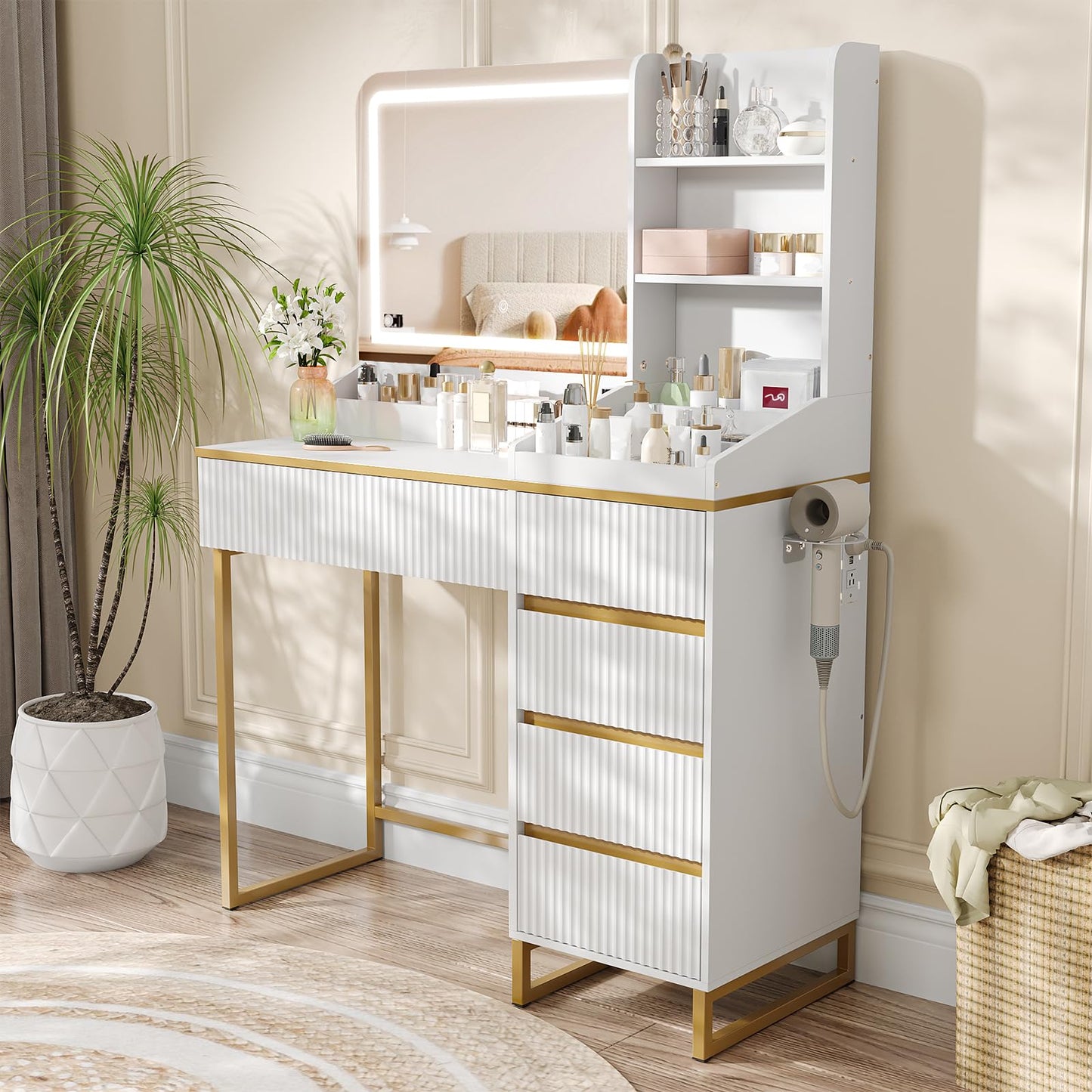 White and Gold Vanity Desk with Mirror and Lights Makeup Vanity with 5 Drawers and Charging Station, Vanity Table for Bedroom