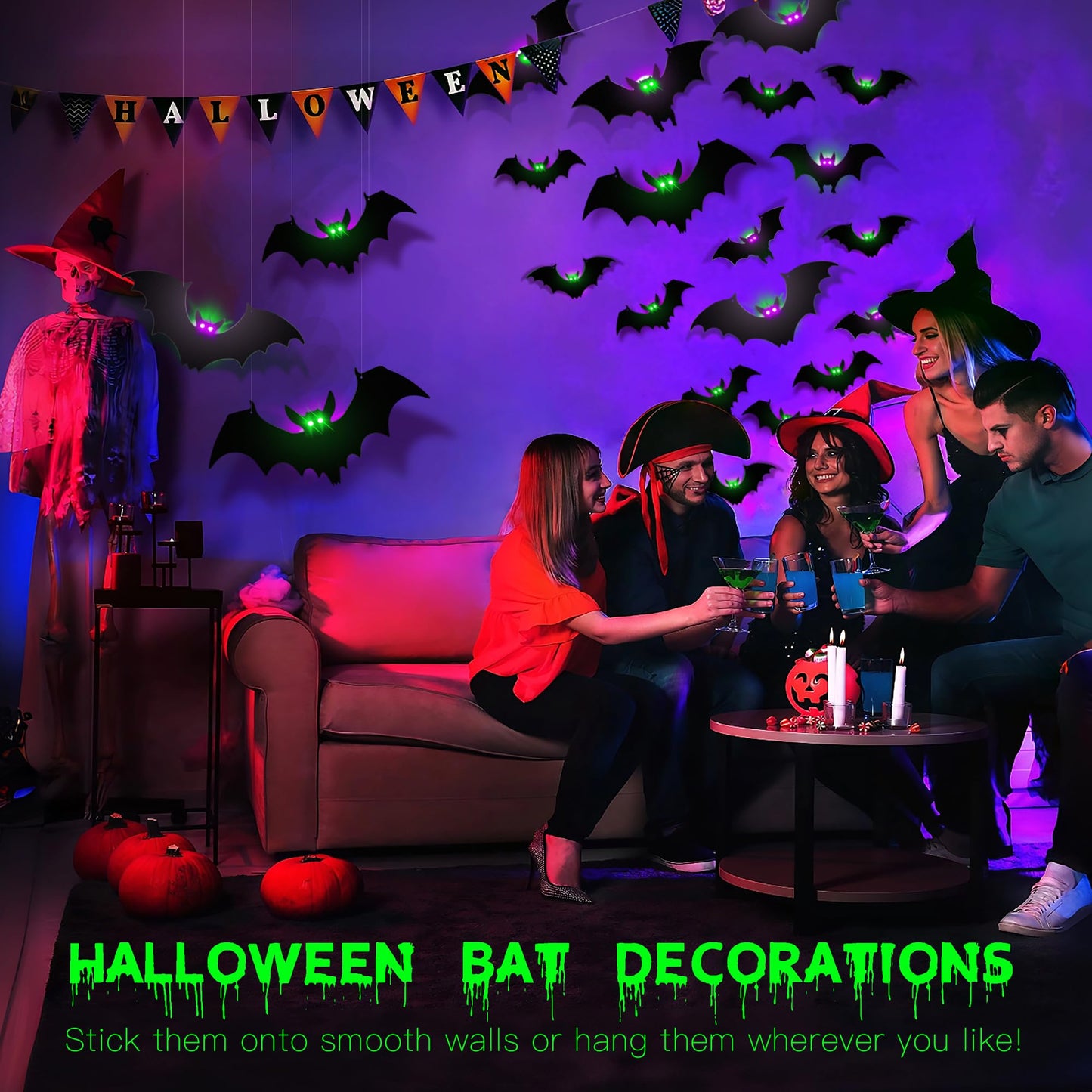 24 Pack Light-Up Halloween Bats Decorations Removable Hanging PVC Bats w Lights for Halloween Party Indoor Outdoor Home Window Garage