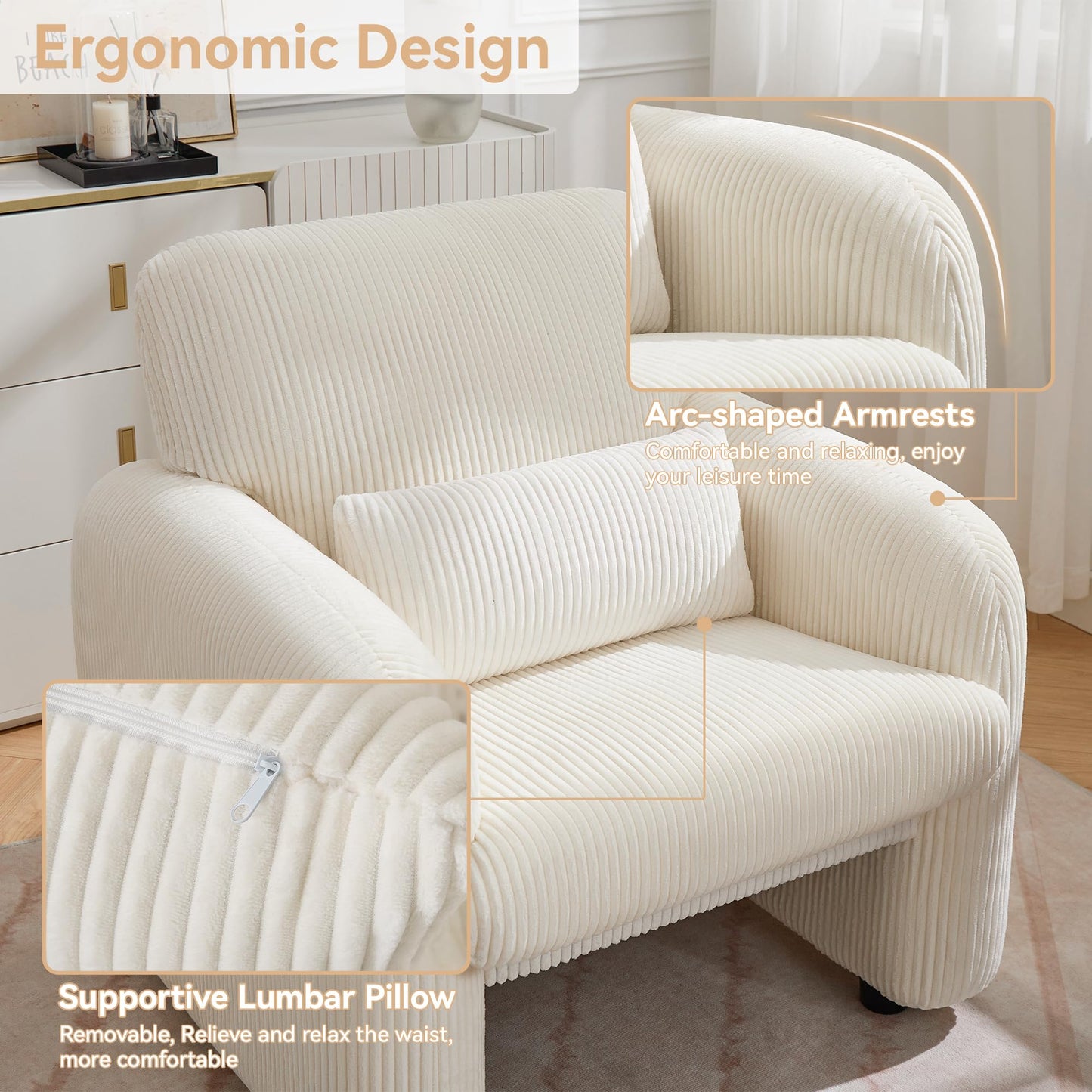 WUTUTUEE Corduroy Fabric Accent Chair, Modern Upholstered Living Room Chairs with Lumbar Pillow, Wide Comfy Leisure Armchair for Bedroom, Office, Reading, White